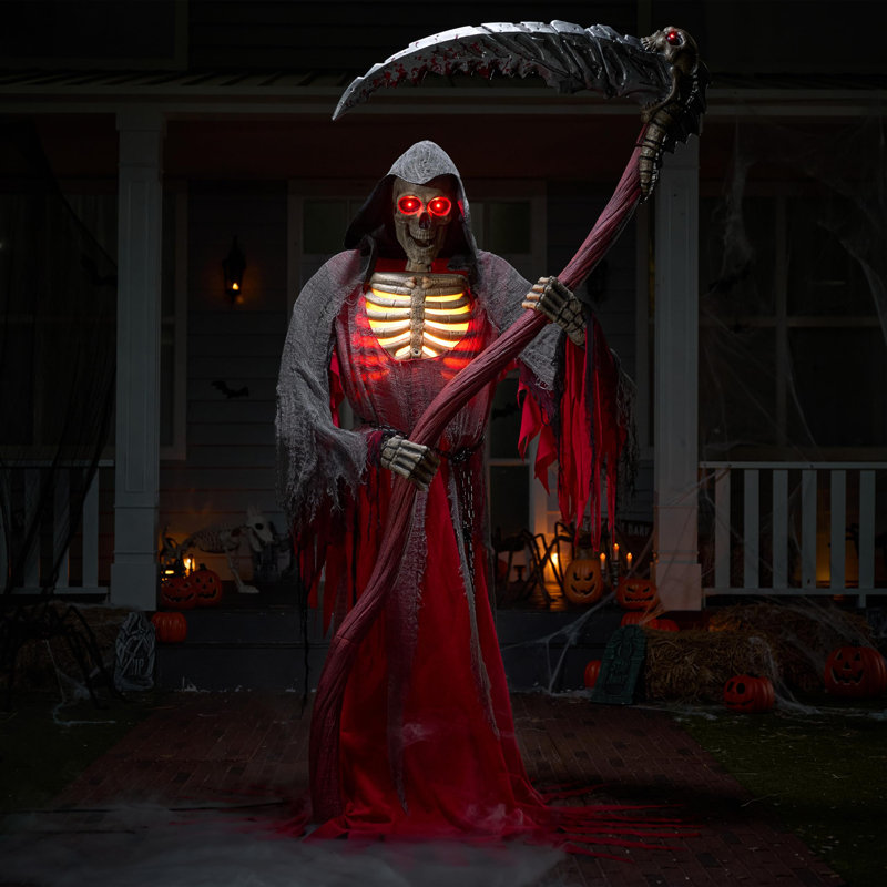 Faucheuse debout animée d'Halloween de 7 pi tenant une faux géante avec lumière et capteur infrarouge