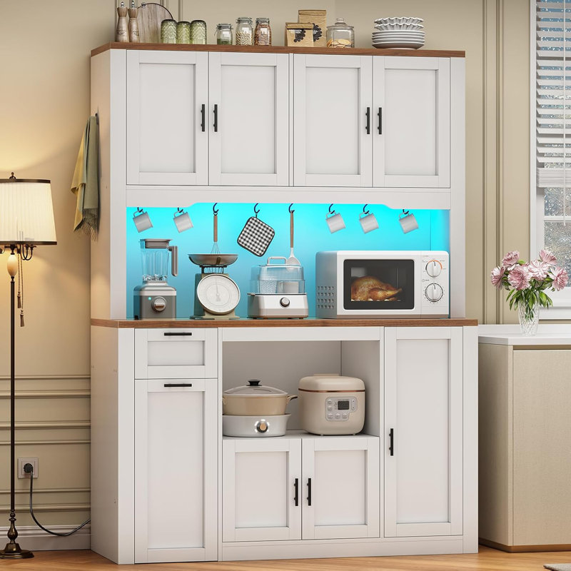 71" Kitchen Hutch Storage Cabinet Pantry Cabinet With Charging Station And Led Light, White/Brown, 47.2" wide