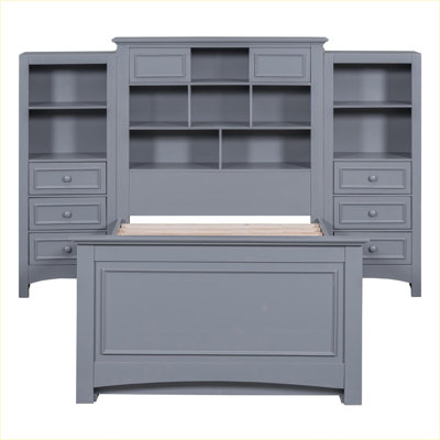 Solid Wood Platform Bed for Bedroom, Soft Gray, Twin Size with Integrated All-in-One Cabinet and Dual Side Storage Drawers