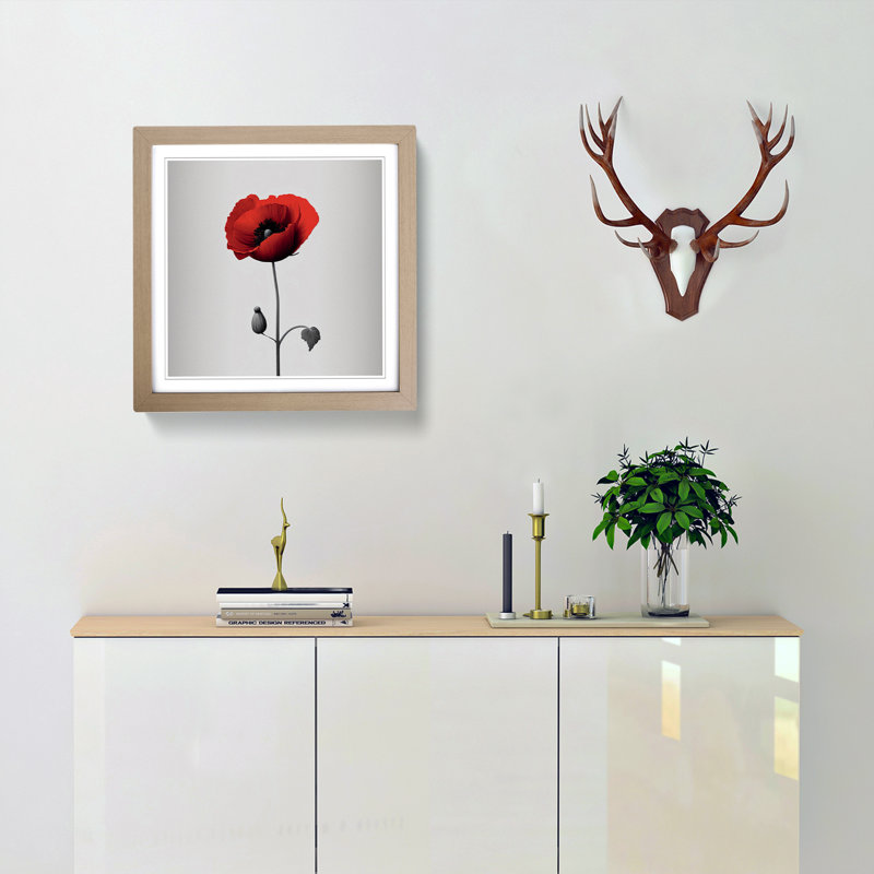 Poppy Flower Minimalism 1 Piece Single Picture Frame Wall Art, Oak