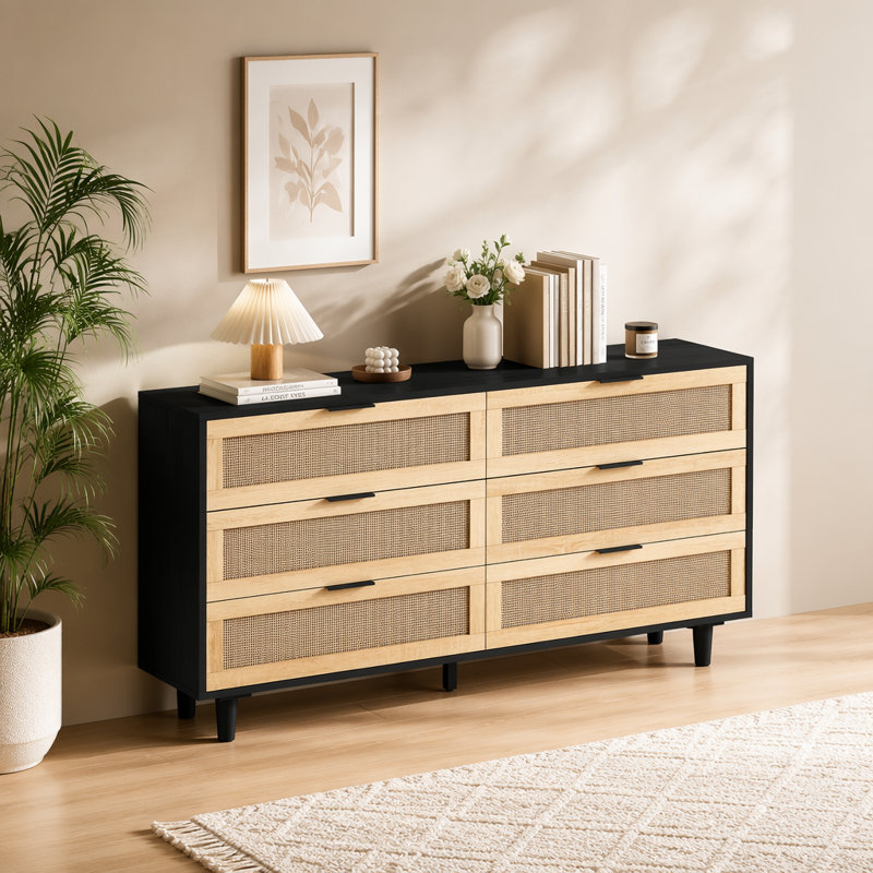 Commode en rotin avec rangement à 6 tiroirs Annslee, Noir