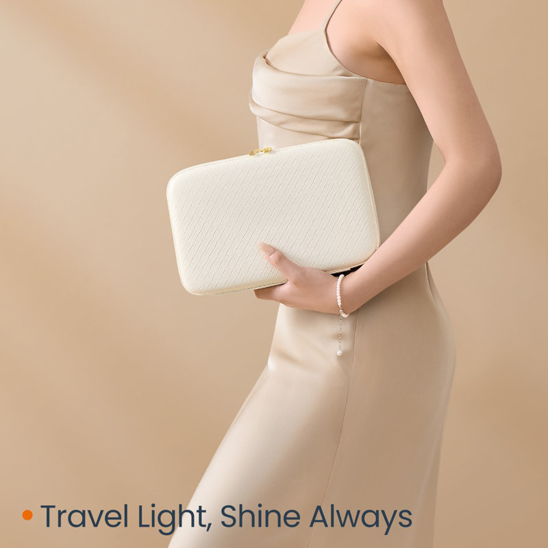 Boîte à bijoux de voyage, organisateur de bijoux avec miroir, pochette à bijoux, similicuir en relief tissé, coque rigide, grande capacité, idée cadeau
