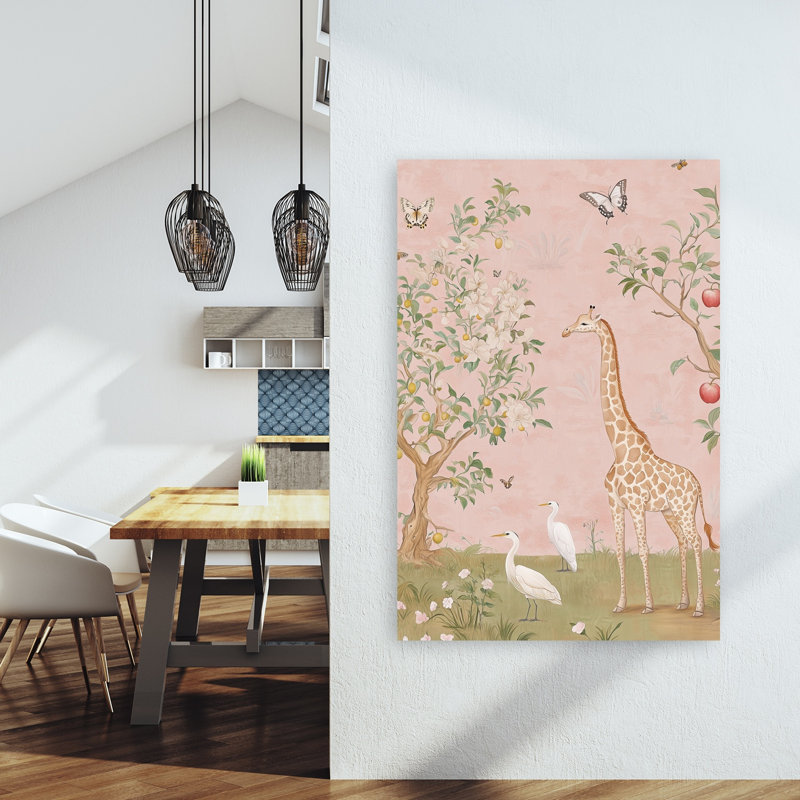 Whimsical Giraffe Garden Dreamy Peaceful Serene Apple Tree Lemon Tree Bird Fruit Landscape Wall Art Print by Mathieu - Wrapped Canvas Print