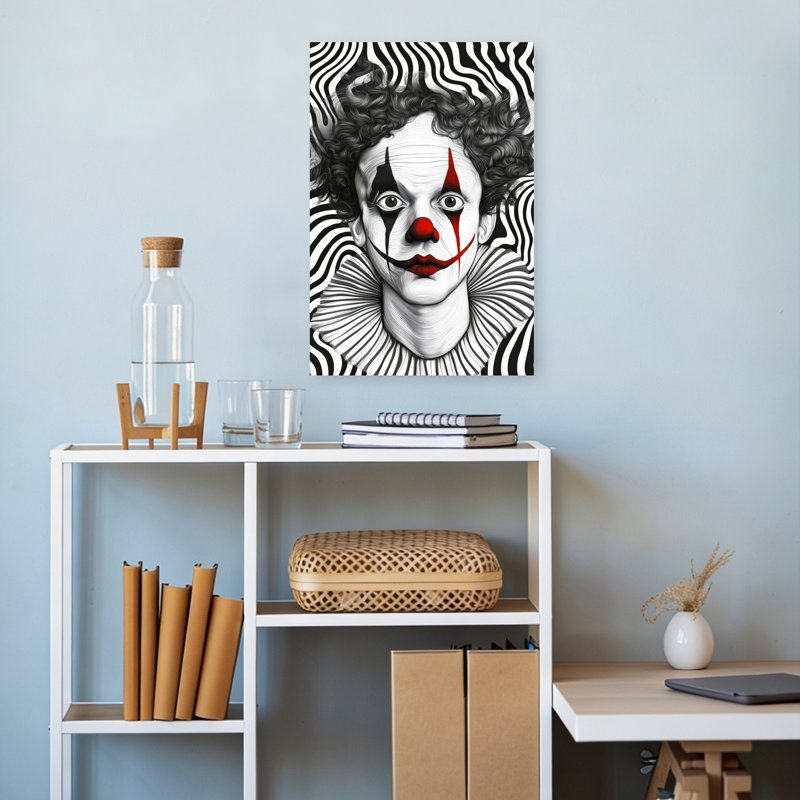 «Eerie Clown Gaze», art contemporain abstrait dramatique, 18" H x 12" W