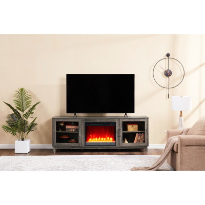 Meuble télé 70 po au fini noyer gris avec foyer et chauffage, 11 niveaux de température, 7 options de couleur de flamme, minuterie, tablette à DEL avec armoires de 70 po de large, éclairé