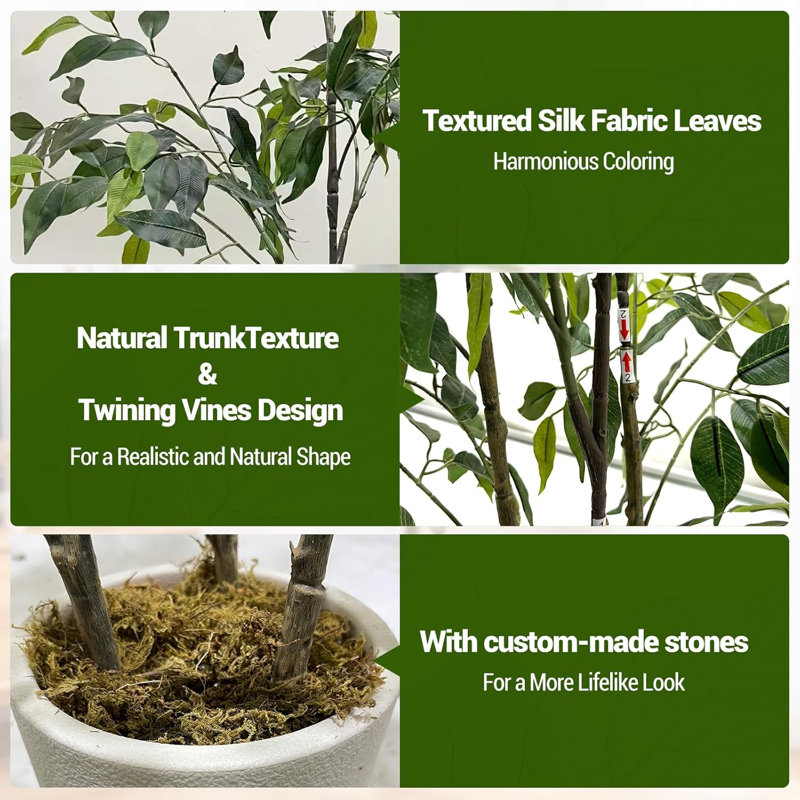 Arbre à ficus artificiel de 6 pi de hauteur avec pot à fleurs en plastique blanc et mousse verte, plantes artificielles avec feuilles de soie réalistes, arbre artificiel résistant aux rayons UV pour la maison, le bureau et le jardin