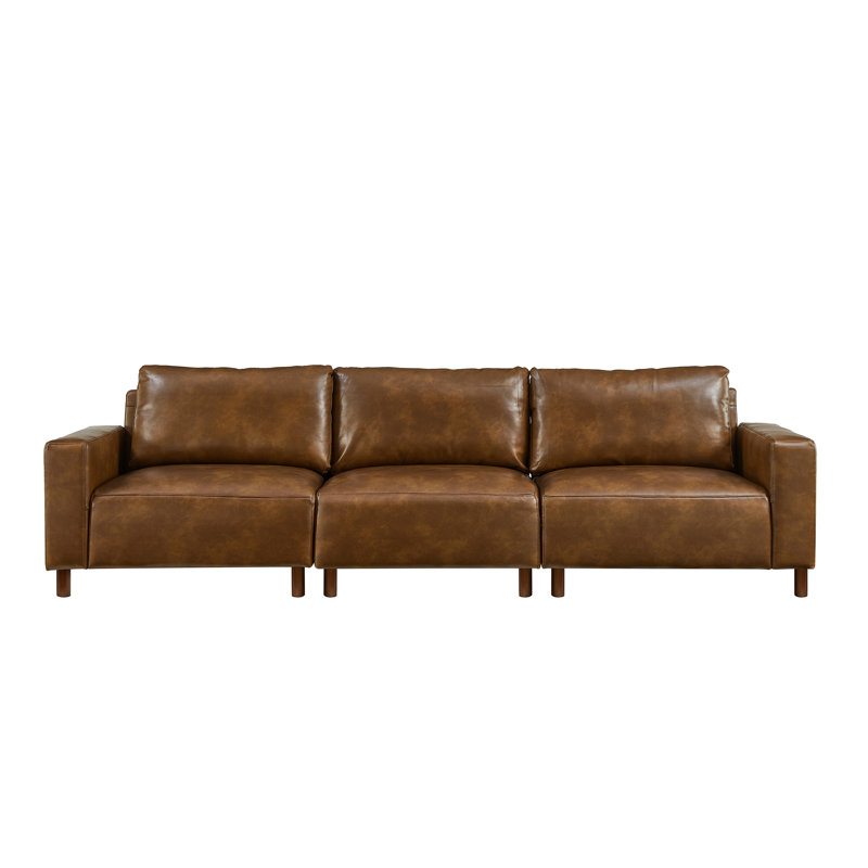 112'' Wide Faux Leather Square Arm Sofa, Brown