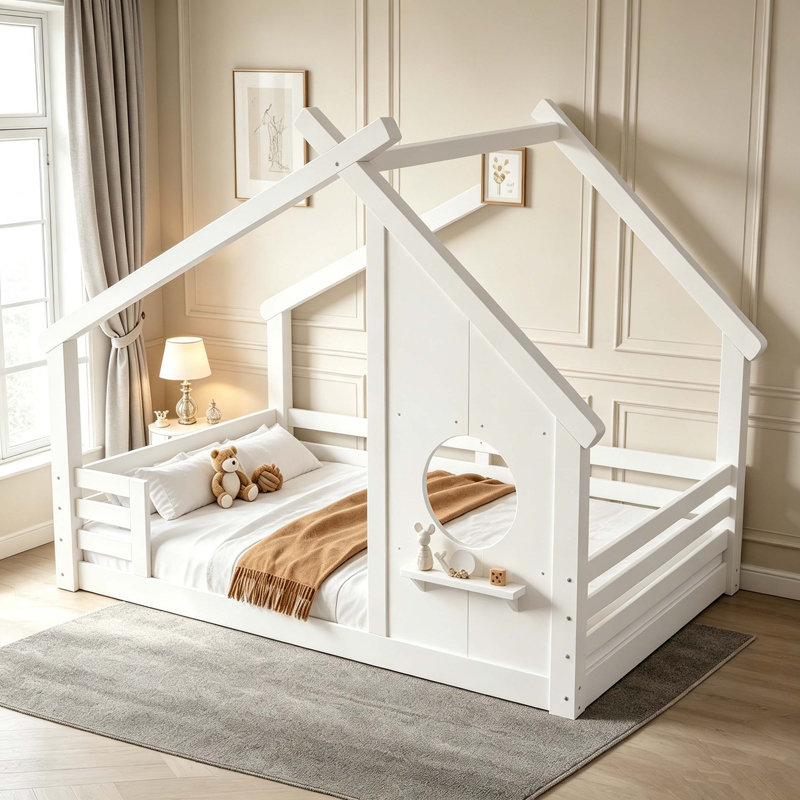Lit House House avec fenêtre et petite tablette, Lit simple, White