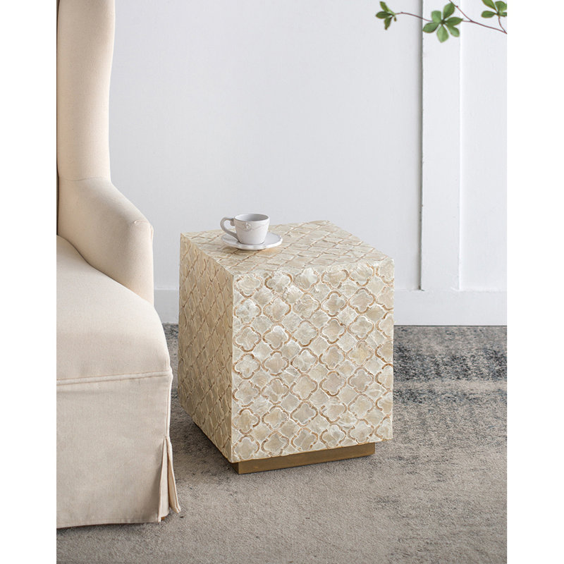 Square Capiz Accent Stool with Geometric Inlay Design – Modern Decorative Seating and Side Table