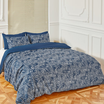 Ensemble de housse de couette pour grand lit de 5 avec jacquard à feuilles, 100% coton à 300 fils, ensemble de literie bleu marine et blanc argenté, ensemble de taies d'oreiller et de taies d'oreiller