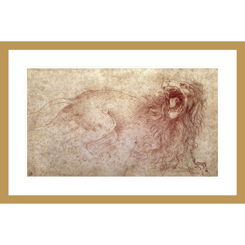 Esquisse d'un lion rugissant (craie rouge sur papier) par Leonardo Da Vinci, impression giclée encadrée