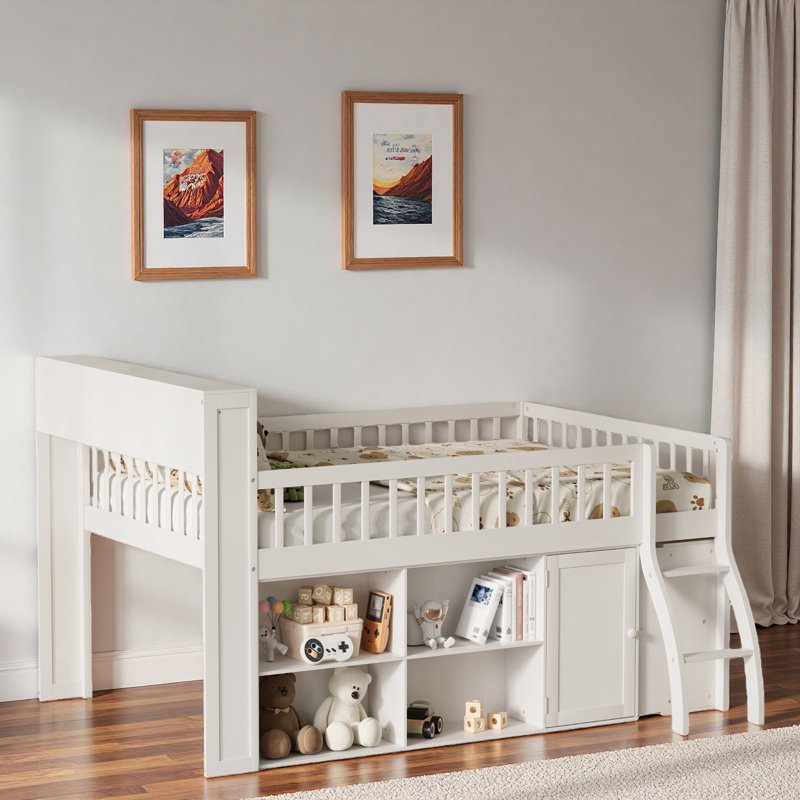 Lit mezzanine peu encombrant avec tablettes de rangement, tête de lit avec lumière DEL, Lit double, Blanc