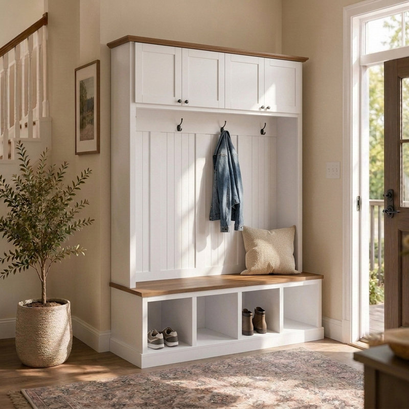 59'' Wide Hall Tree With Bench And 4 Upper Storage Cabinets, Farmhouse Coat Rack With 4 Hooks And Shoe Compartments For Entryway & Mudroom