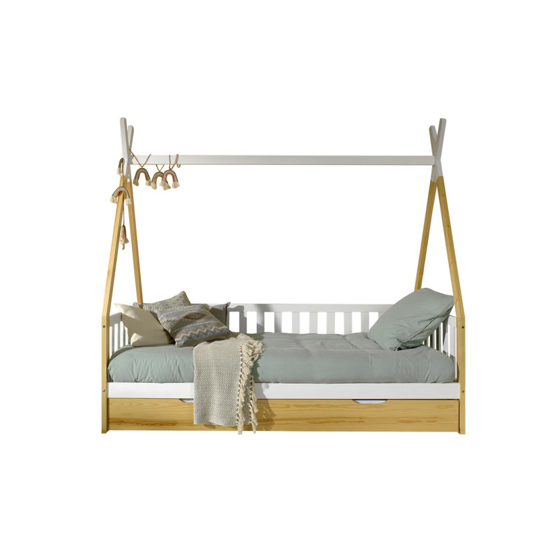 Bunk Bed with Frame/Roof Frame/Roll-out and Bed Drawer, Natural/White