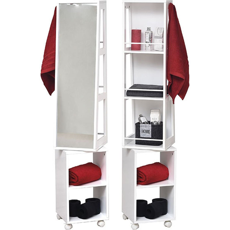 Miami Rotating Mirror Cabinet with Shelving, Rolling Base and Towel Hook