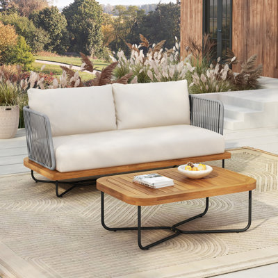 Outdoor Acacia Wood Rope Woven Loveseat&Table