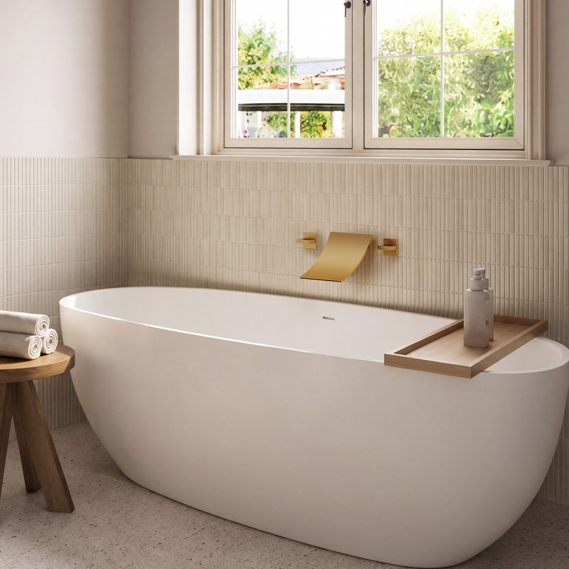 Wall Mount Waterfall Roman Tub Faucet with Rough-In Valve, Brushed Gold