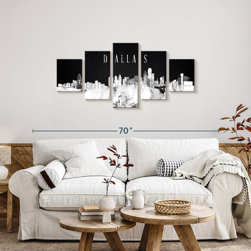 Ensemble de 5 pièces Urban USA par Dallas Skyline BW sur toile, H 24 po x l 55 po x P 1,25 po