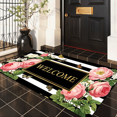  Non-Slip Indoor Outdoor Door Mat, 16"x24",Red rose entry