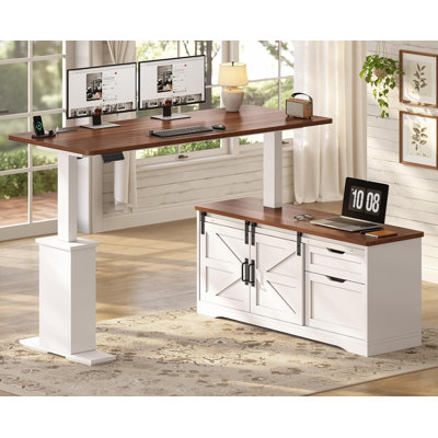 63" Farmhouse L Shaped Standing Desk Height Adjustable Corner Desk With Storage Drawers, Standing Computer Desks With Power Outlets For Home Office