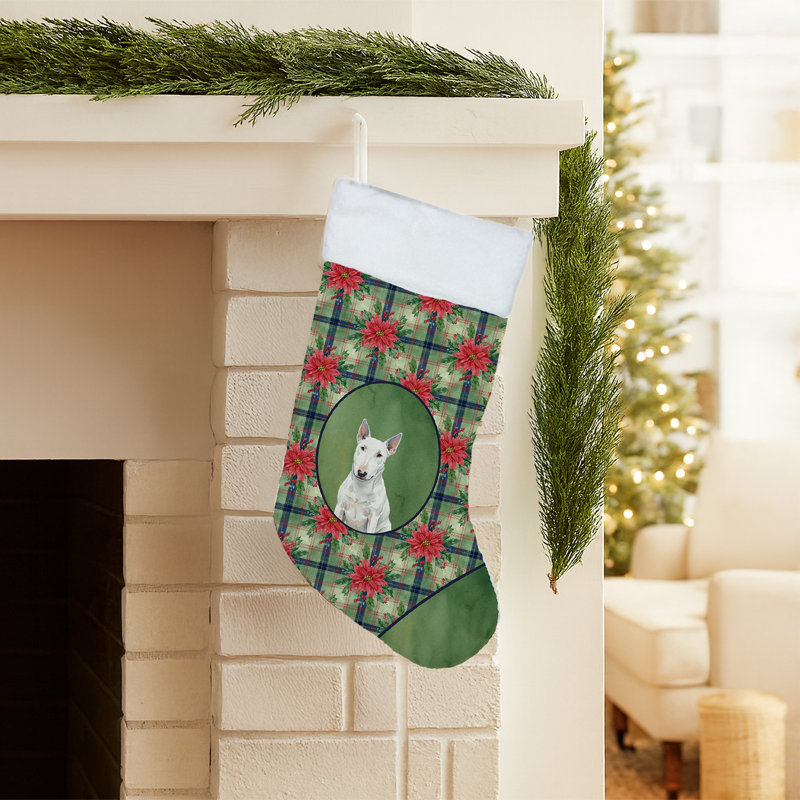 Chaussette de Noël blanche miniature Bull Terrier PoinsettIas