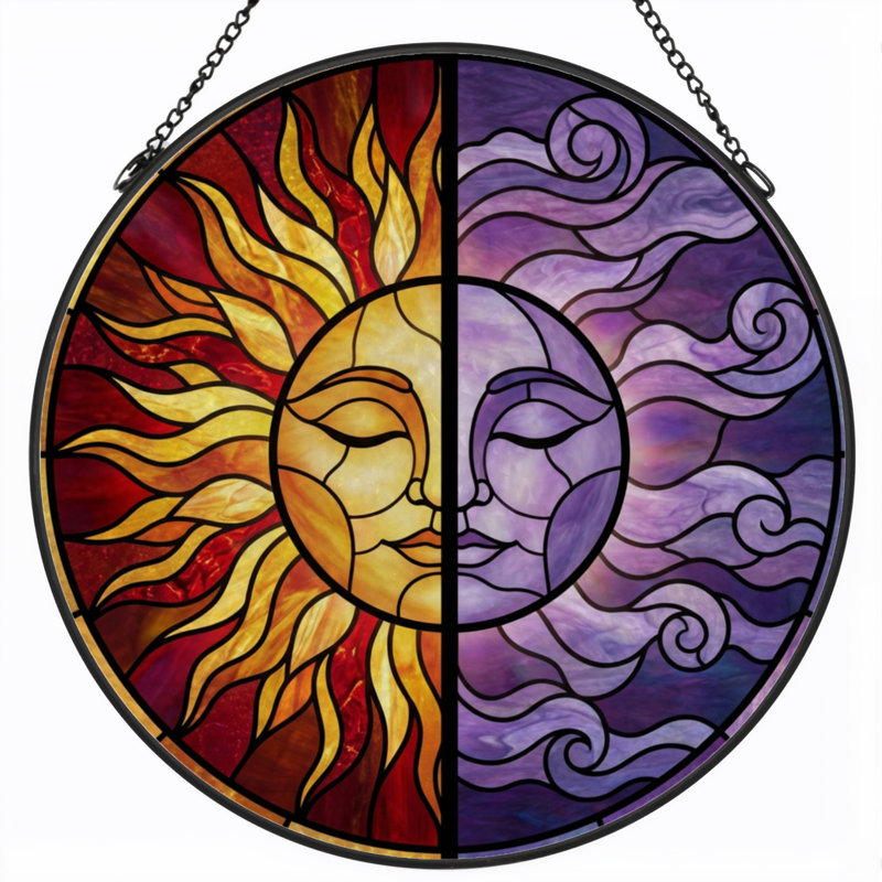 Panneau de vitrail 12 "H Sun and Moon, H 12 po x l 12 po