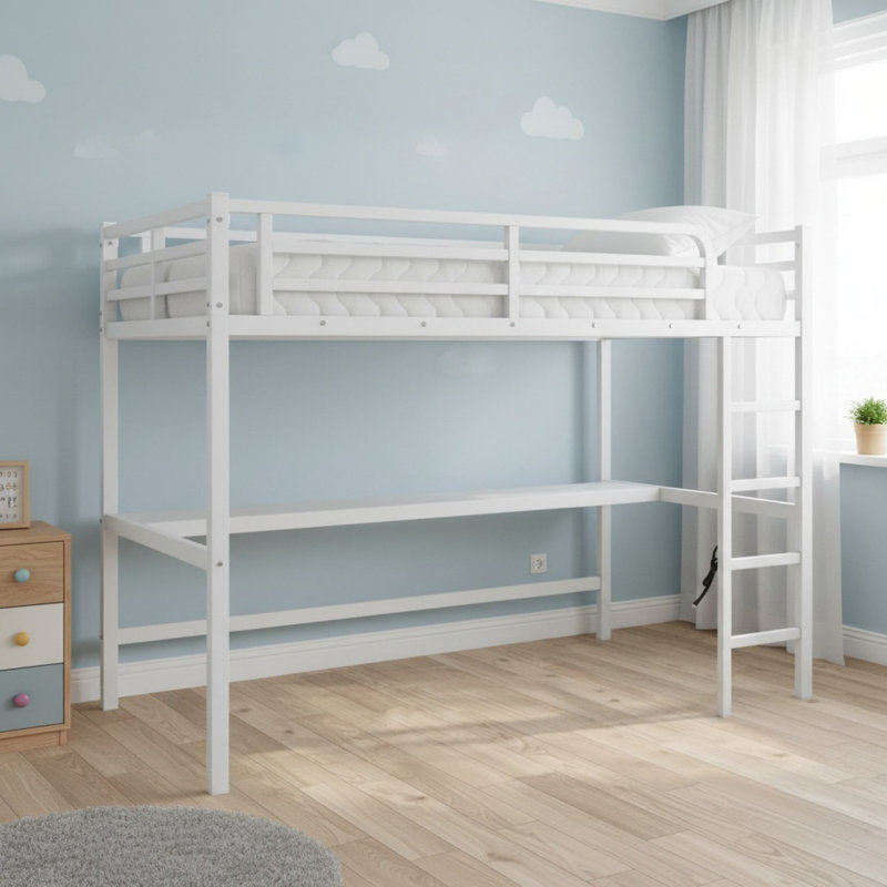 Metal Queen Size Loft Bed with Power Outlet and LED Lighted for Bedroom, White