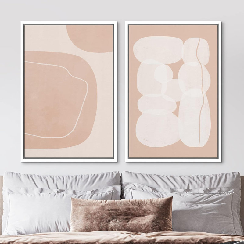 «Coral and White Mid-Century Polygons and Circles», 2 pièces sur toile, H 24 po x l 16 po, Blanc