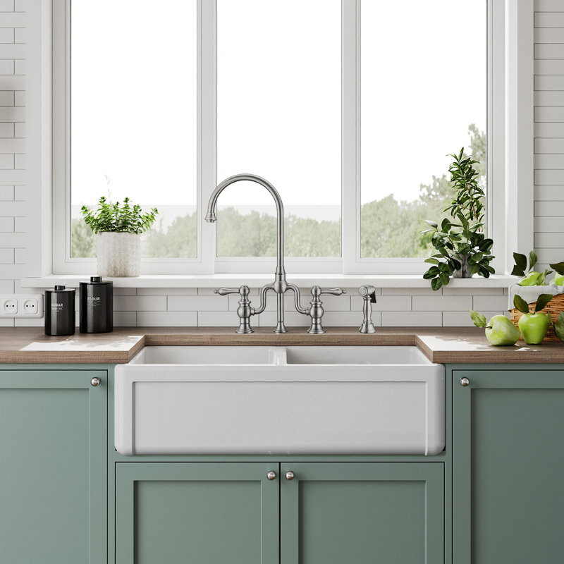 Glossy White Fireclay Double Bowl Farmhouse Kitchen Sink
