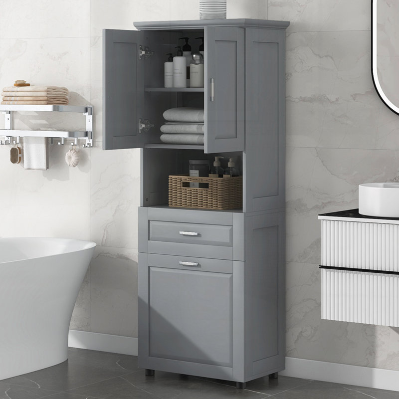 Tall Bathroom Cabinet with Laundry Basket, Grey