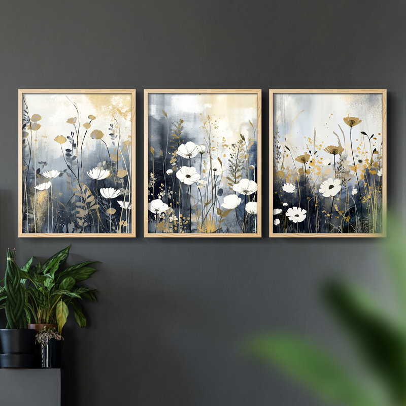 Étude florale Cxxvi -Set de 3 estampes numériques encadrées -Prêt à, Encadré naturel, H 14 po x l 11 po