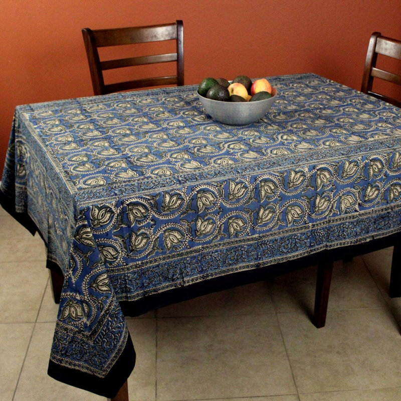 Navasart Floral 100% Cotton Tablecloth, Blue