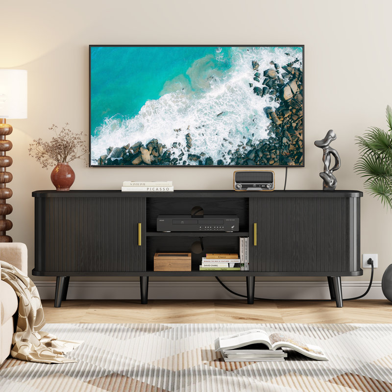59" Modern TV Stand For 65 Inch TV With Sliding Tambour Doors, Media Console With Storage Cabinet, Charging Station, Adjustable Shelves, Cable Management – Modern Entertainment Center With Gold Handles & Wood Legs