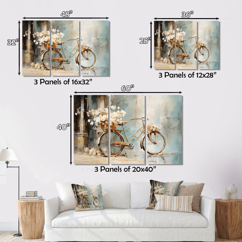 «Bicycle Tranquil Pedaling I on Canvas», reproduction de 3 pièces, H 28 po x l 36 po x P 1 po