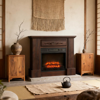Élégant meuble télé 31,75 po avec sculpture florale, effet de flamme 3D réaliste, radiateur 1400 W pour 323 pieds carrés, télécommande