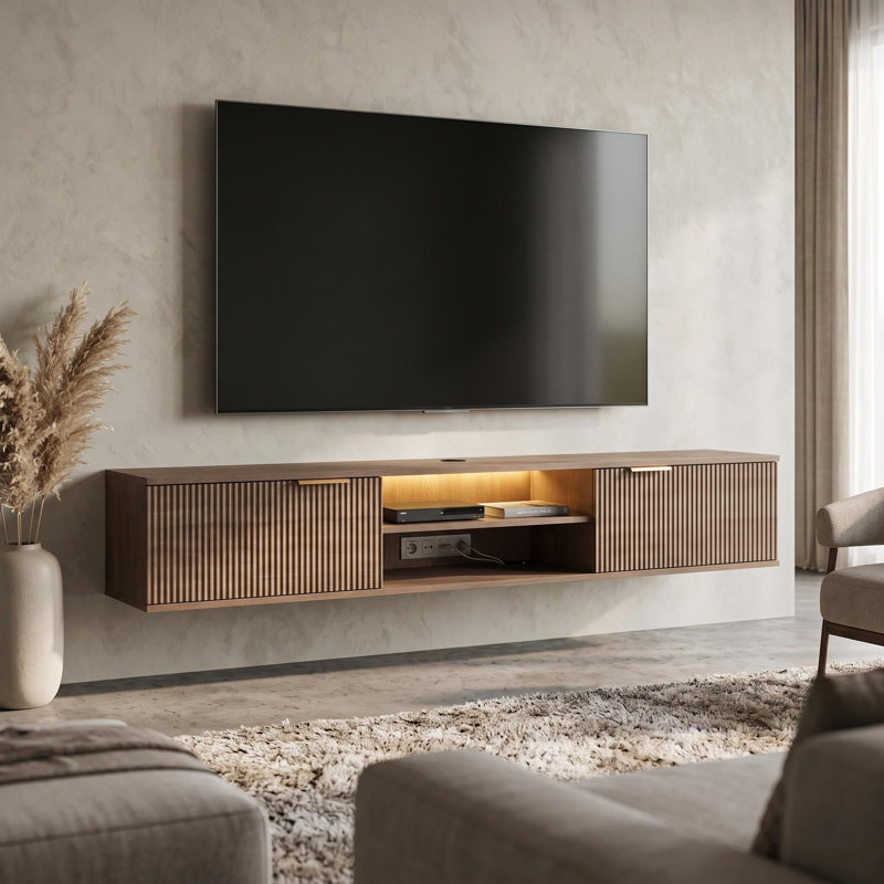 Meuble télé 70 po avec armoire flottante pour téléviseur de 80 po ou moins et support mural cannelé avec prise de courant