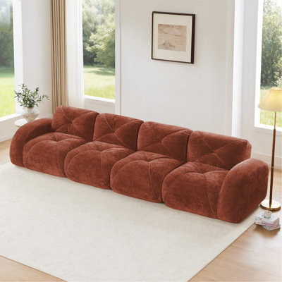140''Soft Velvet Fabric, Boneless Sofa With Tufted, 32D High Density Sponge, Ergonomic Design Bottom, No Assembly Required, Bottom Anti-Slip Design, For Living Rooms, Home Theater, Red Brown