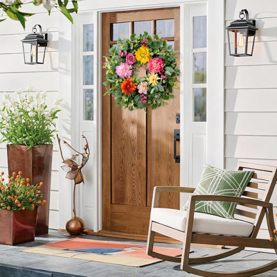 Couronnes de printemps pour la porte d'entrée à l'extérieur, couronnes de Pâques de 24 po, grande couronne de porte d'entrée avec pivoine, dahlia, fleur rose, feuilles d'eucalyptus vert, ferme, porche, décoration intérieure