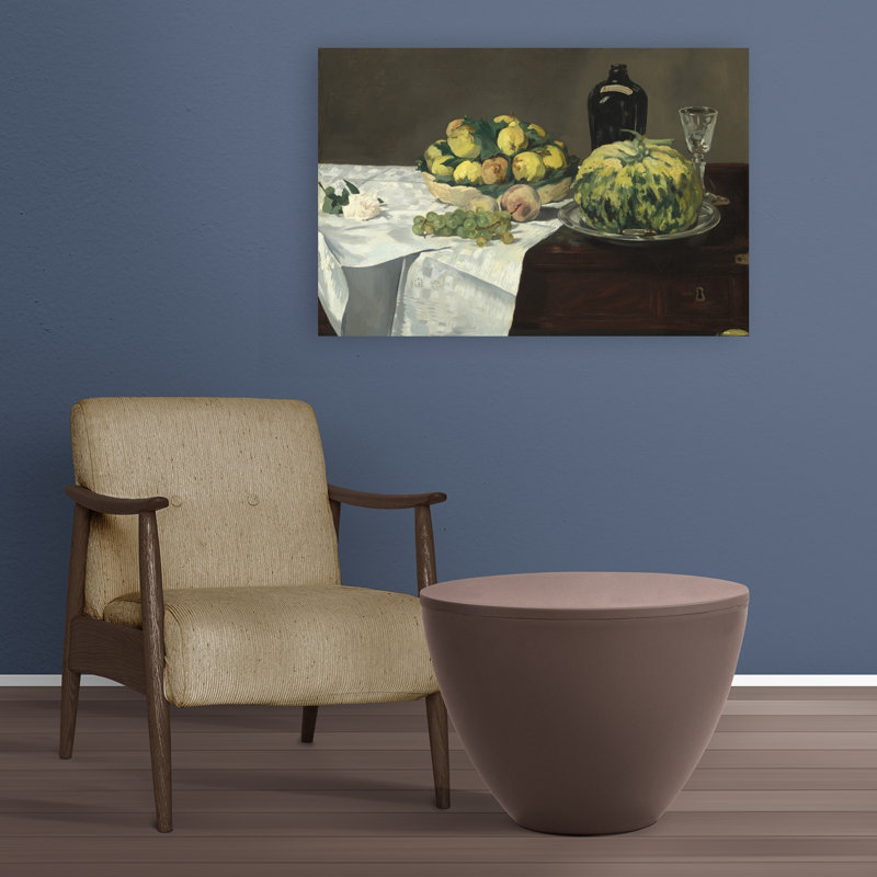 Nature morte au melon et aux pêches, vers 1866. Estampe d'art mural impressionniste abstraite contemporaine représentant des fleurs et des fruits.