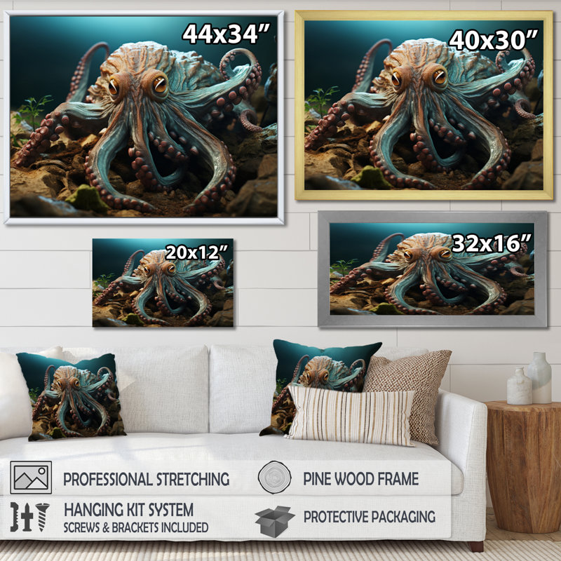 Teal Octopus Lunar Reflections sur toile, Cadre flottant noir, H 16 po x l 32 po x P 1 po