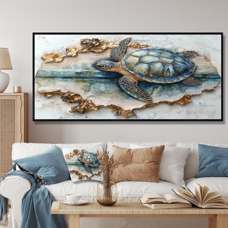Chua Marble The Turtle S Voyage III - Tortue, art mural, H 28 po x l 60 po, Impression encadrée flottante, Noir