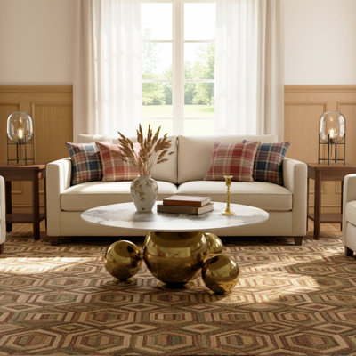Easy Assembly Modern Sculptural Coffee Table, Oversized Round Marble-Look Sintered Stone Top with Gold Sphere Base Glam Coffee Table for Living Room