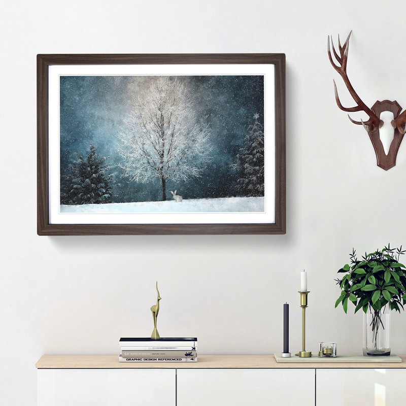 Hare in a Winter Forest - Picture Frame Painting Print, 62cm H x 87cm W x 2cm D, Walnut Framed