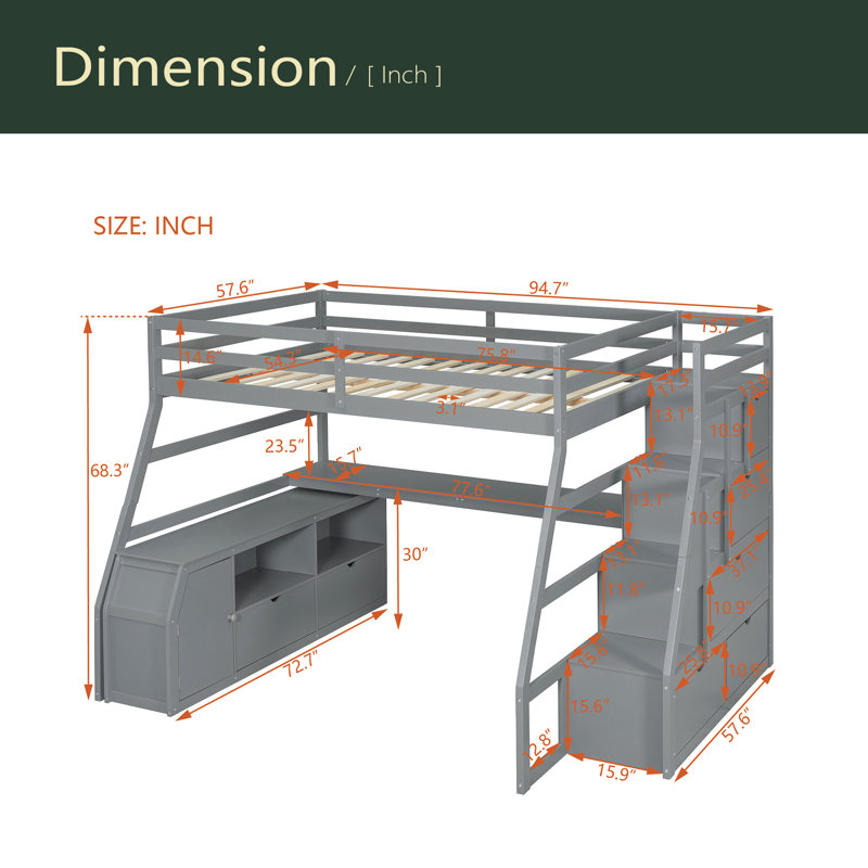 Lit mezzanine double avec 7 tiroirs, 2 tablettes et un bureau, Gris