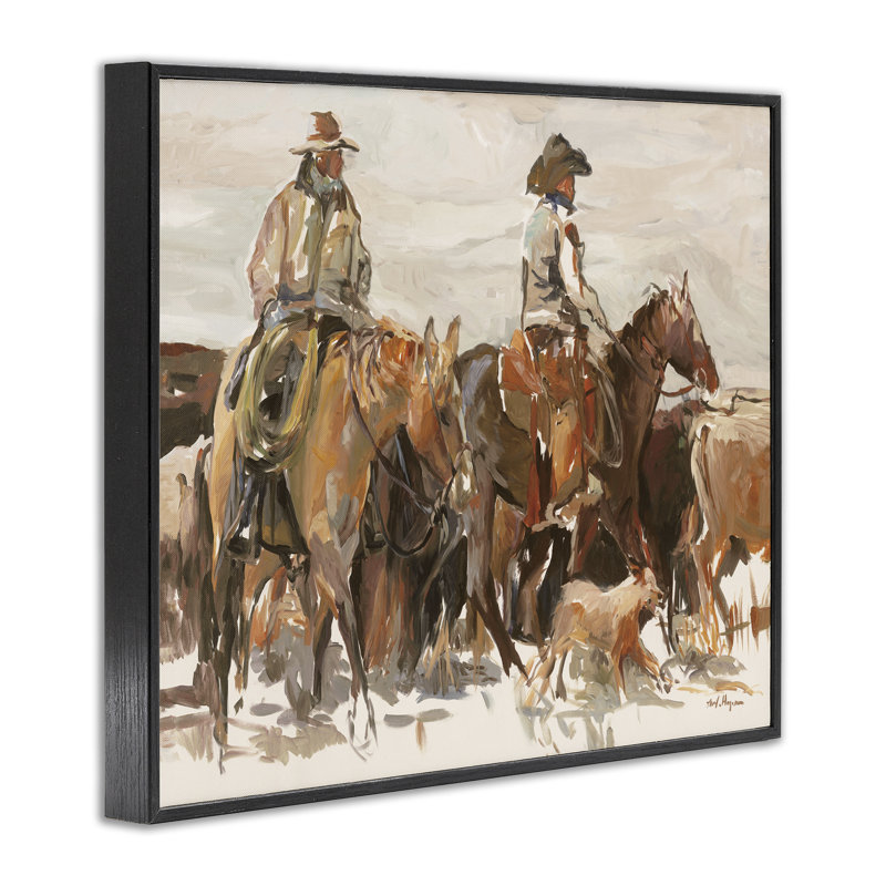 Cowboys and Horses Farm Western, peinture XXL encadrée noire, art texturé par Marilyn Hageman, H 24 po x l 30 po x P 1,5 po