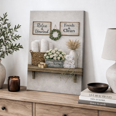Farmhouse Spa Shelf With Towels Artwork, Bathroom Pictures, Framed Canvas Giclee Print Wall Art