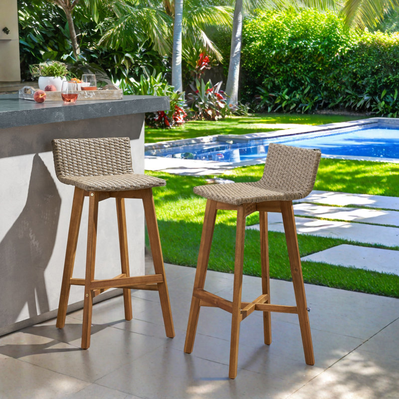 Oxendine Outdoor 30.75'' Bar Stool, Teak Frame / Light Brown Cushion