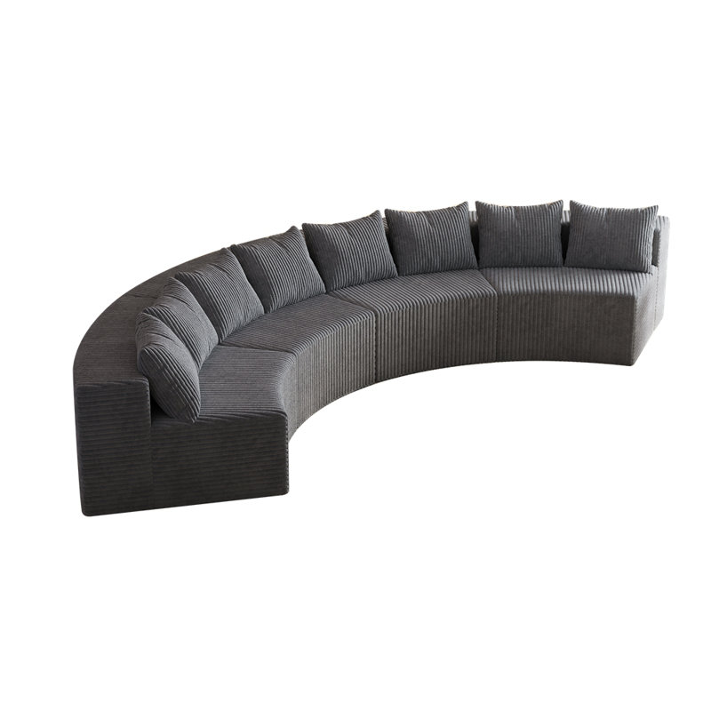 Corduroy Curved Modular Sectional Sofa with Pillows, Grey