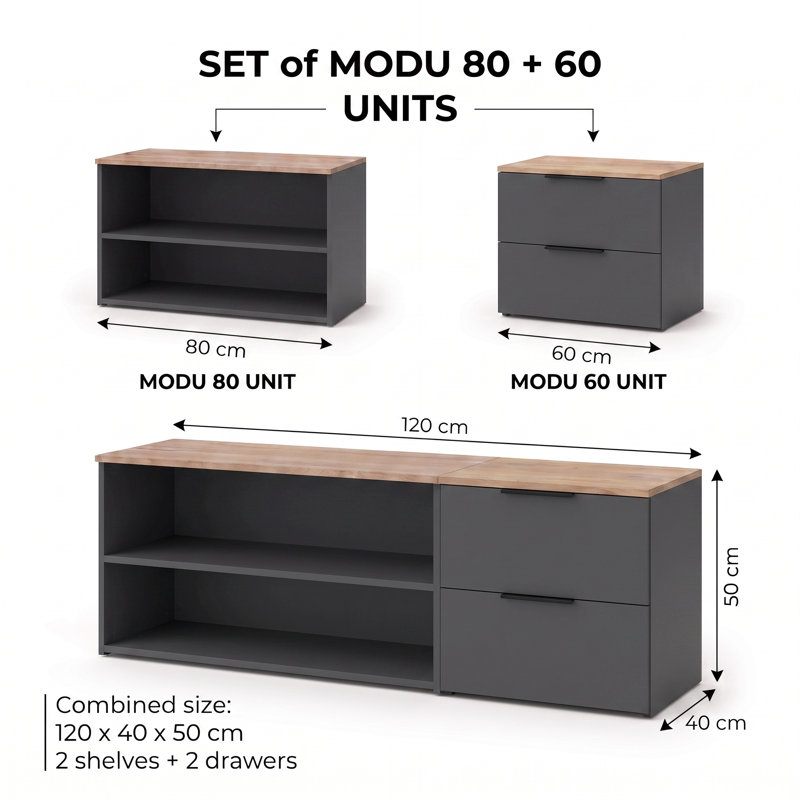 140cm Wide 2-Piece Modular TV Stand with Open Storage and 2 Drawers, Oak/Graphite