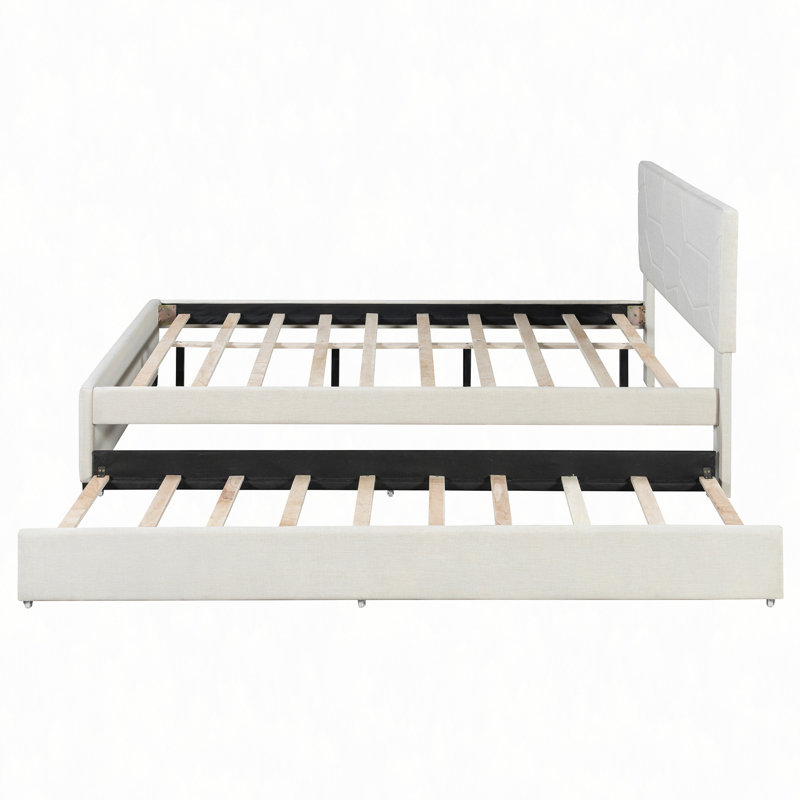Lit plateforme tapissier avec tête de lit et lit gigogne à motif brique, Beige